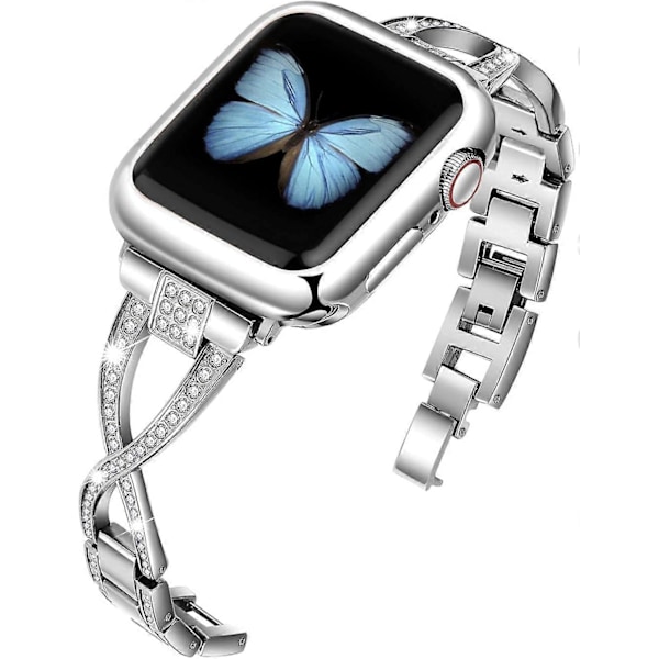 Kellon rannekkeet yhteensopivat Apple Watch 42/44mm SE Series 7 6 5 4 3 2 1 kanssa, naisten korumainen metallirannekoru kimaltelevilla timanteilla (hopea)