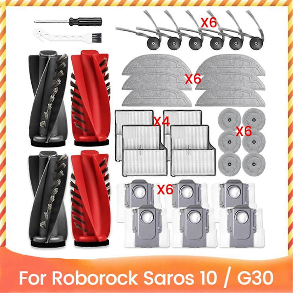34-delers erstatningssett for Roborock Saros 10 / G30 robotstøvsuger, hovedbørste, sidebørste, HEPA-filtre