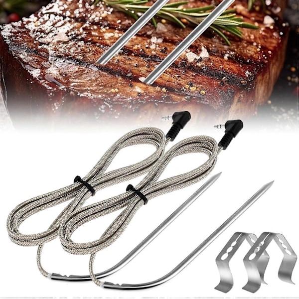 2 stk. BBQ Kjøtttermometer Probe Erstatning med 2 Probe Klips, Rustfritt Stål