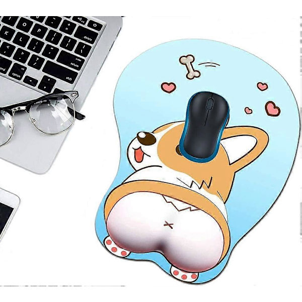 3D Musemåtte med håndledsstøtte, Ergonomisk blød silikone gel gaming musemåtte, Sød Corgi hund anime musemåtte til PC bærbare computere (Blå)