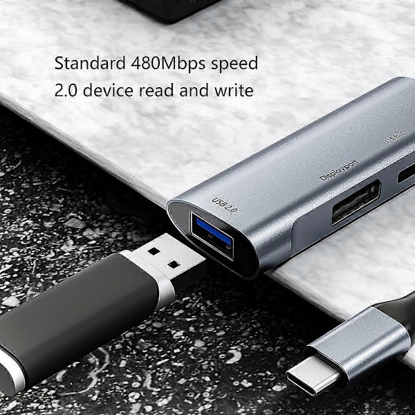 3-i-1 Dockningsstation 480Mbps 4K@60Hz PD 60W Stor DP DisplayPort+USB-C USB2.0 Mini Hub Adapter