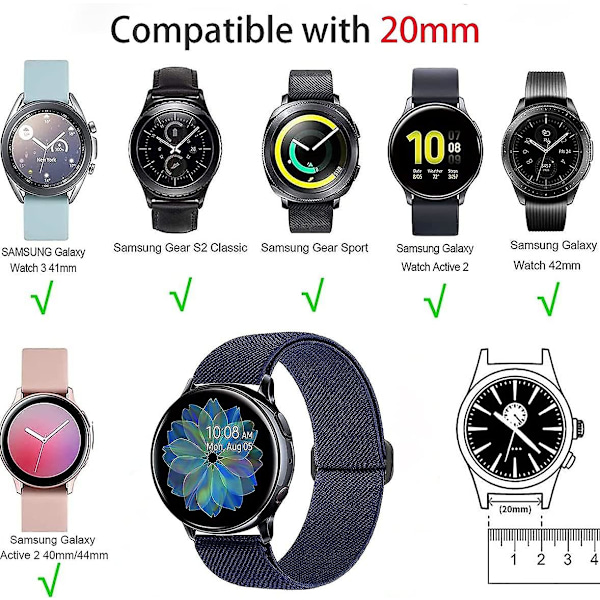 2-pak Nylonremme Kompatible med Samsung Galaxy Watch Active 2 Universal 20mm Elastisk Sports Loop Åndbar Armbåndsrem Sort+Blå