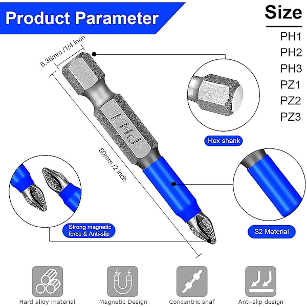 24 st Magnetiska Anti-Skruvmejselbits Set Ph1 Ph2 Ph3 Pz1 Pz2 Pz3 Slagmejselbits Set 1/4 Tum