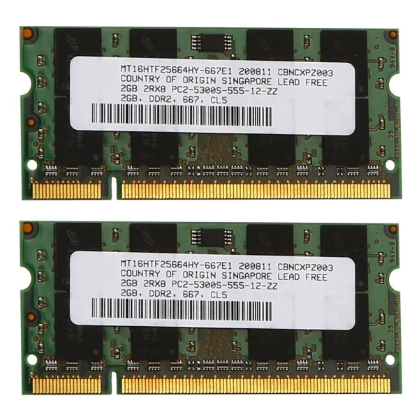 2x 2 Gt DDR2 RAM-muisti 667MHz PC2 5300 Kannettava RAM Memoria 1.8V 200-nastainen SODIMM Intelille ja AMD:lle