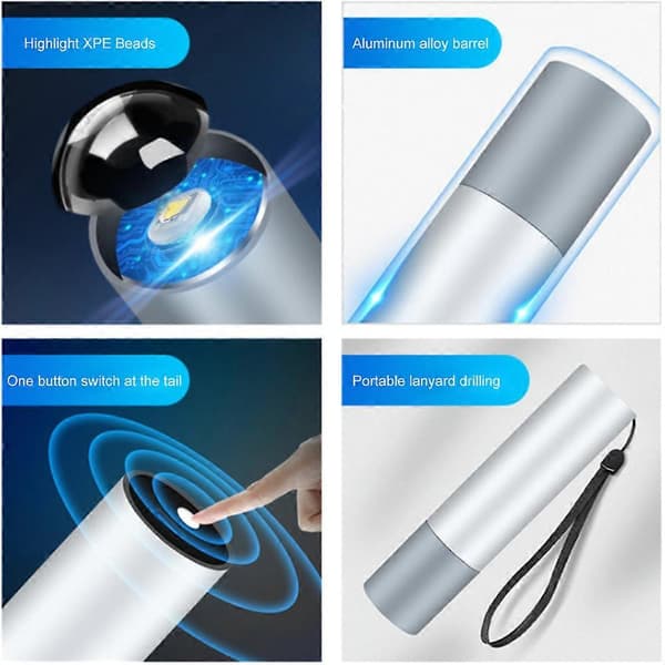 Mini-taskulamppu USB Ladattava LED-taskulamppu Vedenpitävä Teleskooppinen Tehokas Taskulamppu Ulkotyö Zoom Kannettava Taskulamppu Silver