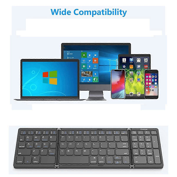 Foldbar, USB Genopladeligt Trådløst Tastatur til IOS, Android, Windows PC Laptop Smartphone - Grå