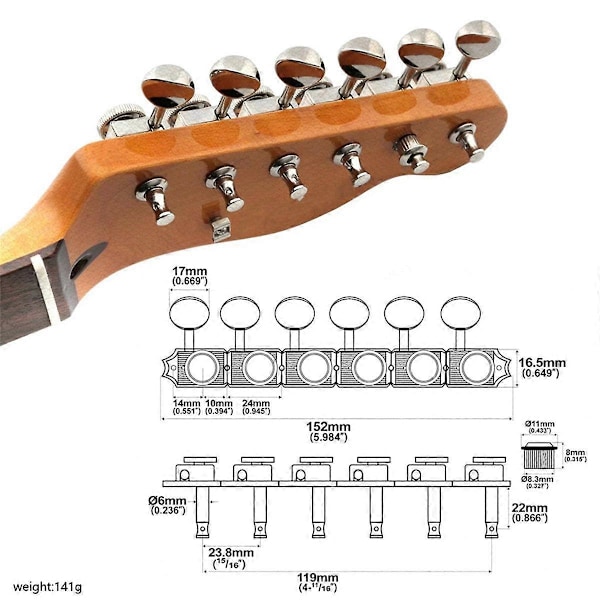 6 stk. Gitar Låsemekanikk Venstrehendt Låsende Gitar Stemmeskruer Instrumenttilbehør