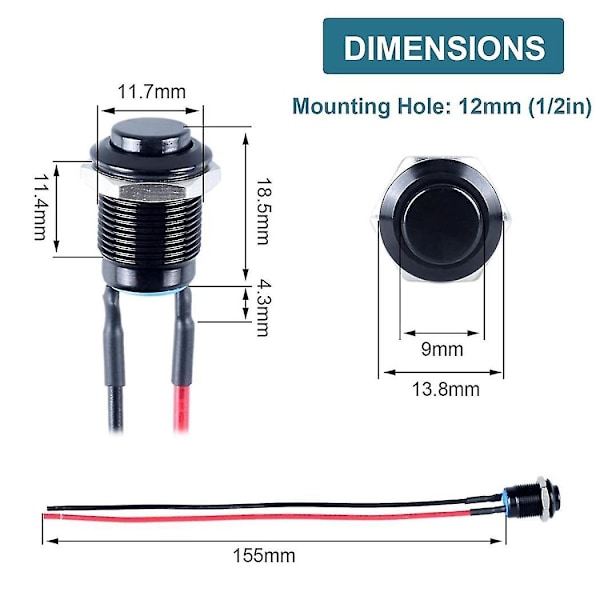 5st 12mm Låsande Tryckknapp Hög Rund Huvud Med Förlödd Kabel Aluminiumlegering 1no Vattentät
