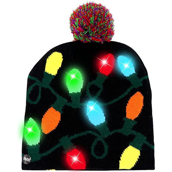 Led julmössa Light Up julmössor, stickade mössor med 6 färgglada ledlampor, unisex vintersnöhatt (svart) (1 st)