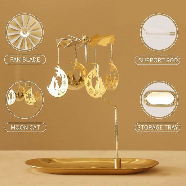 Snurrande Ljusstake med Fack, Guld Karusell Ljusspinner, Roterande Metall Ljusstake för Bordscentrum, Jul (Guld Måne Katt)
