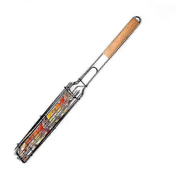 BBQ kurvesæt med træhåndtag, rulle-op BBQ kurv, udendørs BBQ tilbehør (49 cm 4,5 cm)