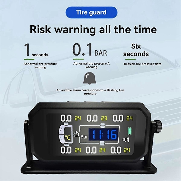 Bil Husbil Lastbil TPMS 6 Hjul Sensor Solenergi Däcktrycksövervakningssystem Temperatur Klocka Lufttryck