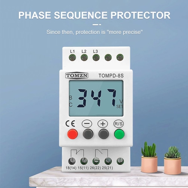 TOMZN 3-faset DIN-skinnespenningsrelé justerbar Under Over spenningsvern Spenningsovervåking Sekvensbeskyttelsesrelé TOMPD-8S
