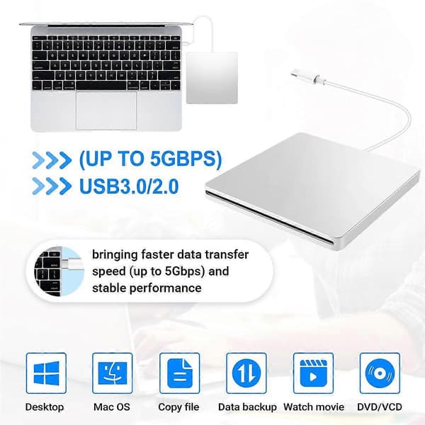 USB Extern CD/DVD-enhet Typ C Bärbar Enhetsfri CD-spelare för Laptop PC Windows, Silver