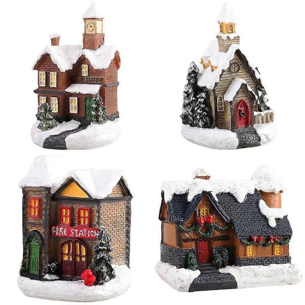 4-pack Resin Julscen Snöhus LED By Set Skrivbordsdekoration