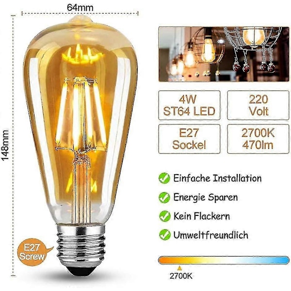 6-pak Edison Vintage E27 LED Glødepærer, 6W (erstatter 60W), Retro Pære Ideel Til Nostalgisk Og Retro Belysning, Varm Hvid