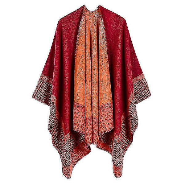 (Rød) Damepledd Sjal Wraps Vinter Åpen Front Poncho Cape Oversized