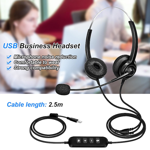 300D Telefonheadset Taberfri Støjreduktion Åndbar USB Binaural MIC Lang Kabel Call Center Hovedtelefon til Lastbilchauffør Kontor