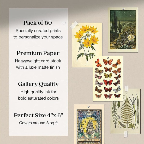 Vintage Aesthetic Wall Collage Kit - 50 Mini Botanical Cottagecore Collage Art Posters (4x6 tum), F