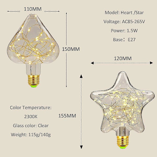 LED E27 Deko Kreativ Feelyse Pære 1.5w Varmt Hvit Edison Pære Dekorativ Stjerne & Hjerte Belysning For Jul, Fest, Bryllup
