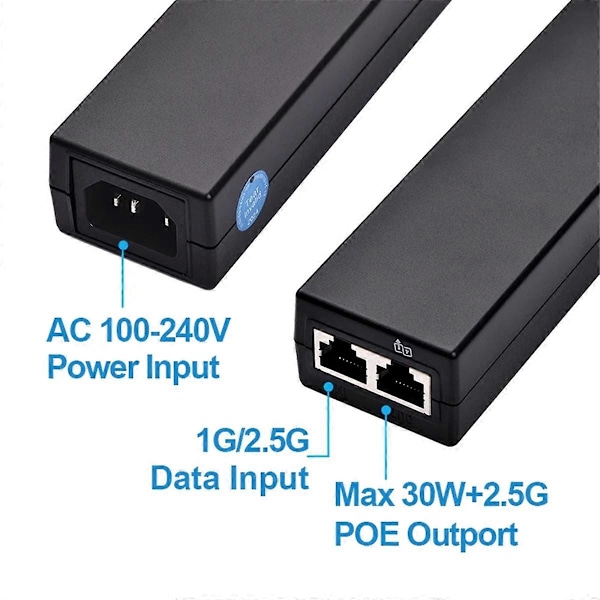 2.5Gigabit POE-injektor 100/1000Mbps/1G/2.5G för IEEE802.3af/At Aktiv strömförsörjning för POE-enhet
