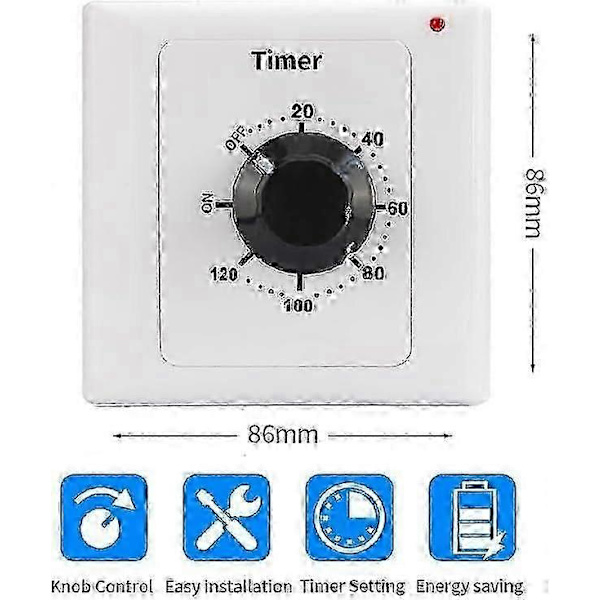 120 minutter tidsbryter, AC 220V 15A intelligent mekanisk nedtellingstimer stikkontakt tidsbryter 86 panel timer kontrollknapp