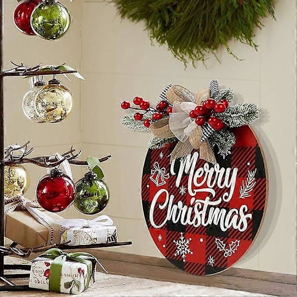 Merry Christmas Dekorationer Hængende Merry Christmas Vægdekorationer Rustik Stil Træ Plaid Krans Juledekorationer