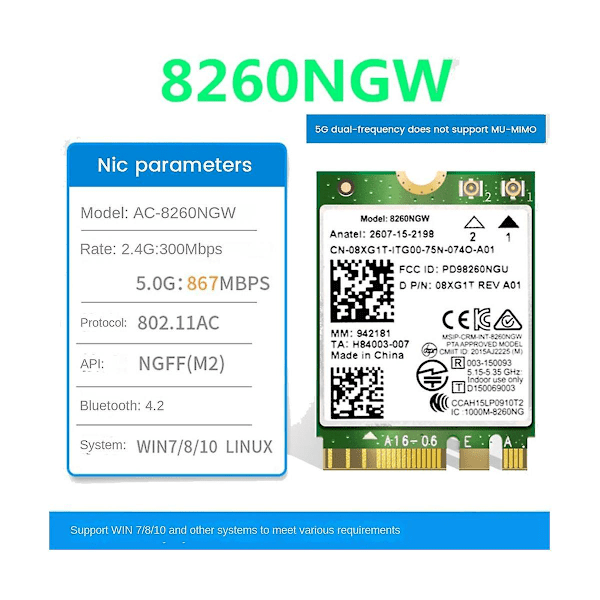 8260 8260NGW WiFi-kortti+2XAntenni 2.4G/5Ghz 867M Bluetooth 4.2 NGFF M.2 WiFi-verkkomoduuli Intel AC 8260:lle