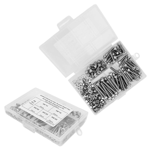 200st Hex Socket Head Cap Skruvar Muttrar Sortimentslåda M4 304 Rostfritt Stål Set YEMAA