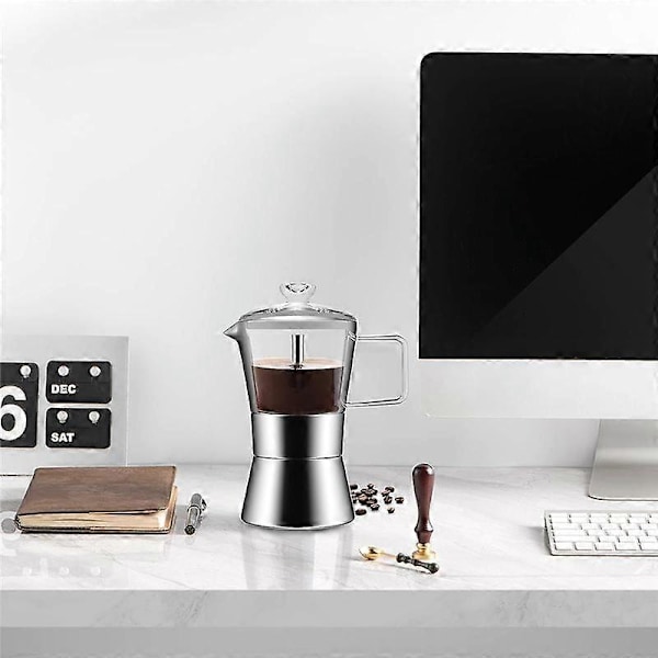 Moka Induktions Kaffemaskine til Komfur, Glas-Top & Rustfrit Stål Espresso Moka Kande, Klassisk Italiensk Kaffemaskine, 240 ml