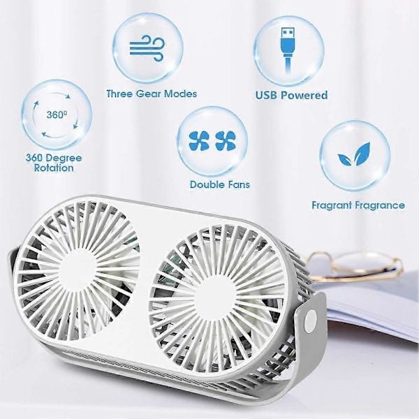 2025 Sopiva USB-tuuletin Mini Pöytätuuletin Pieni Kannettava 360° Kierto Kaksoispää USB-tuuletin 3 Nopeudella Aroma Functio