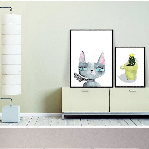 Wekity Fox och Katt Väggkonst Canvas Print Poster, Enkel Söt Akvarellkonst Ritning Dekoration för Hem Vardagsrum Sovrum Kontor och Barnrum (Set