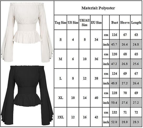 Dame Renaissance Bluse Topper Middelalder Viktoriansk Off Shoulder Lang Bell Erme Skjorte S Black