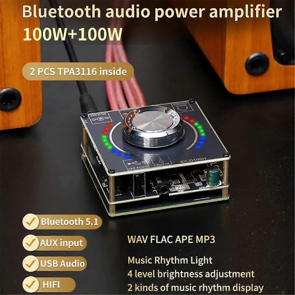 XY-D100H DC 9-24V/5A 100W+100W Digital Audio Effektforstærker Bluetooth 5.1 Stereo AUX USB Lyd Bil