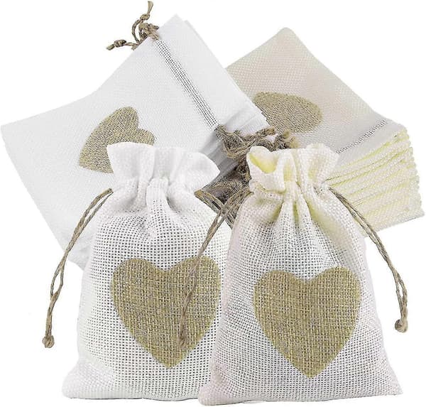 20 st Små Hjärtformade Presentpåsar Jute Säckvävspåsar Smycken Godispåsar