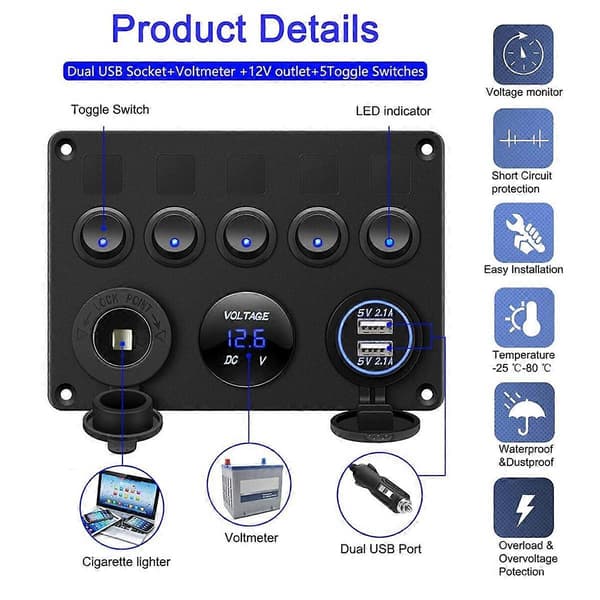 5-veis bryterpanel, 12V/24V inline sikringsboks LED-bryterpanel dobbel USB-kontakt strømuttak LED Volt