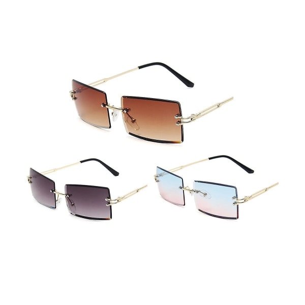 3 par rektangulære solbriller uden indfatning Farvede mode retro transparente firkantede briller Unisex Su