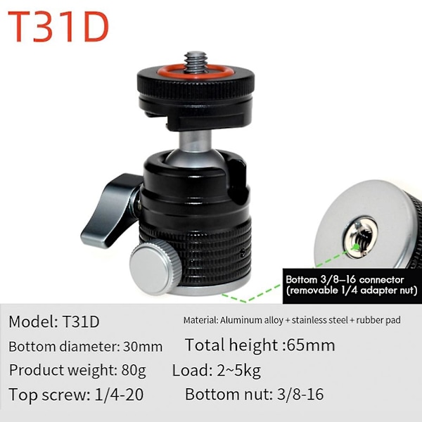 Mini Kulhuvudstativhuvud med Universal 3/8 Tums Skruvfästen för DSLR-kameror, Blixtstativ, Monop