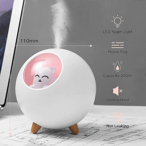 Mini Luftfuktere - Bærbar Liten USB Luftfukter, Stille Luftfukter med LED Atmosfærelys, 2 Tåkemoduser Søt Luftfukter (Hvit)