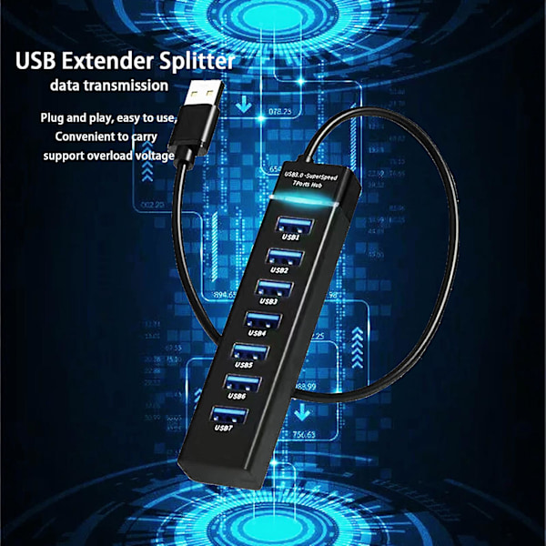 7-porttinen USB3.0-sovitinjakaja, pistoke ja käyttö, kuumakytkentä, datansiirto, moniporttinen telakointiasema, tietokoneen lisävarusteet