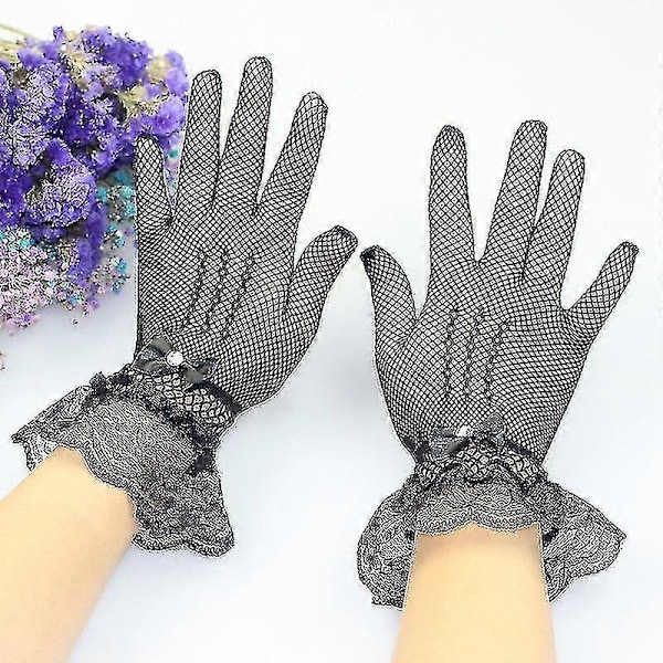 Brudhanskar Damer Fingerspetsar Handledshanskar Elastiska Bröllopsspetshandskar Tyll Party Kväll Bröllopshandskar Med Rosett För Vår Sommar Höst 1 Par Banmo