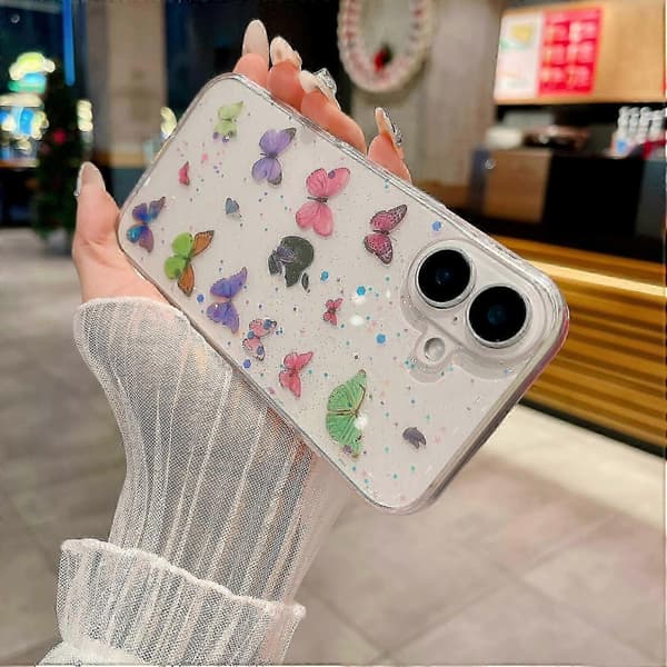 For iPhone 16 Deksel Anti-fall TPU Telefon Bakdeksel Epoxy Glitter Sommerfugl - Blå