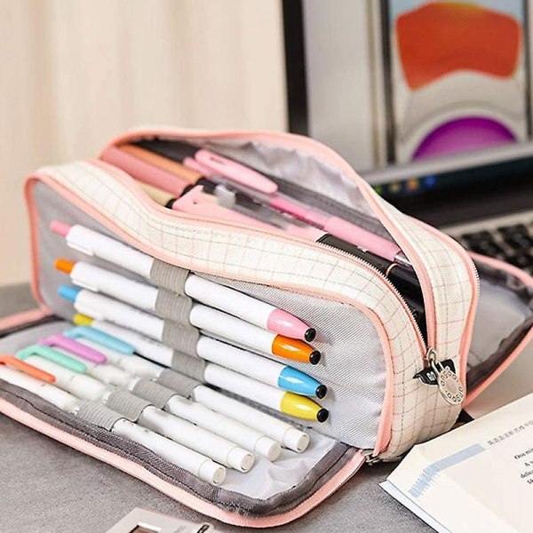 Angoo blyantveske med stor kapasitet 3 rom Canvas blyantpose for jenter skoleelever ,c
