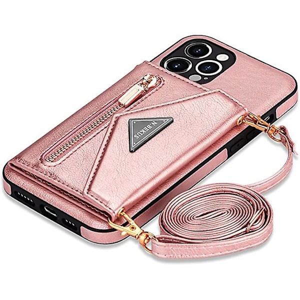 Plånboks-Crossbody för Iphone 12 Pro Max Telefonfodral med Snodd, Korthållare, PU-Läder Skyddande Handväska, Dragkedja, Plånbok, Stativ
