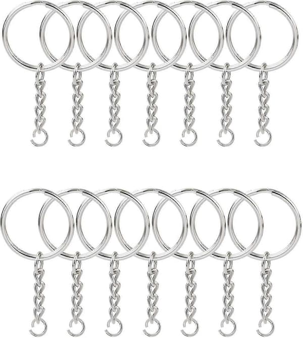 100 stk. Split Nøglering med Kæde 1 Tomme, Split Nøglering med Kæde Sølvfarvet Metal Split Nøglekæde Ring Dele med Åben Springring og Stik