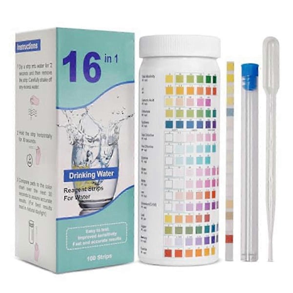 16-i-1 Vandteststrips, drikkevandstestkit, 100 strips hjemmevandkvalitetstestkit