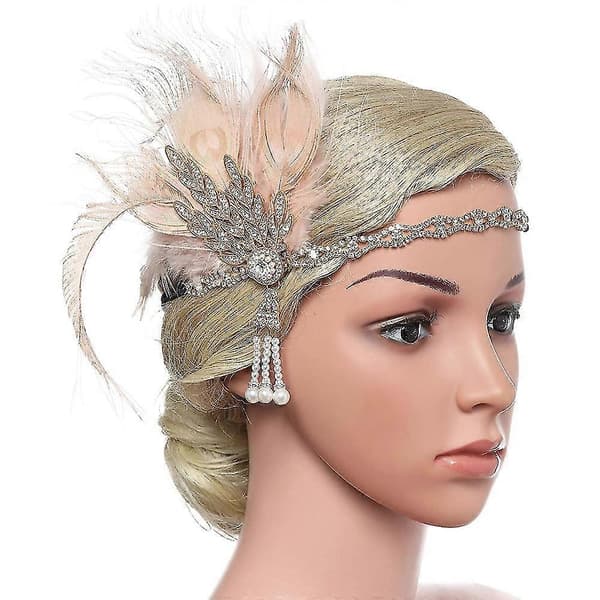 Art Deco Flapper Blad Bryllup Brude Tiara Perle Hodeplagg Hodebånd Med Fjær