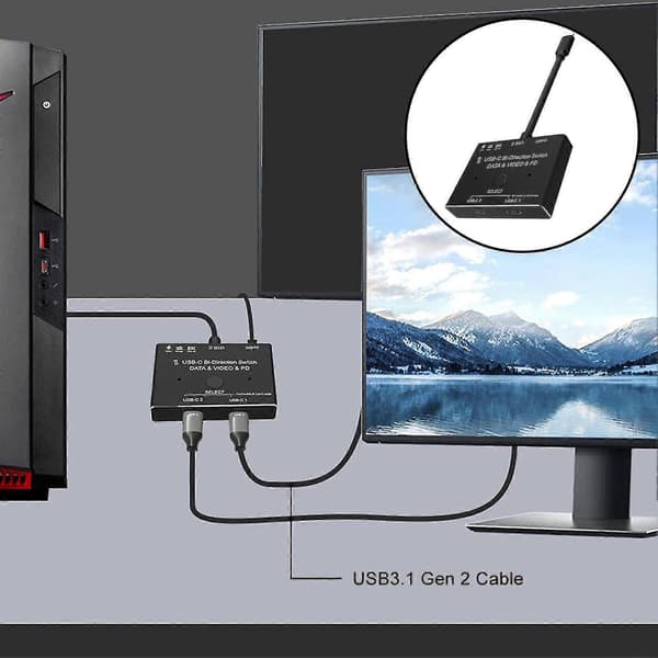 Type-C Switcher Tovejs HD-kompatibel PD 100W 8K@30Hz USB 3.1 Splitter Data Video Switch Adapter til PC