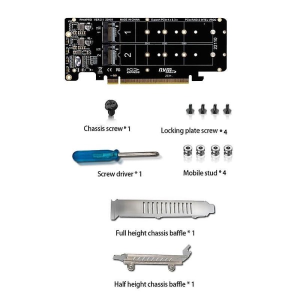 PCIE 4.0 Dobbelt-Disk PCIeX16 til M.2 M-Key NVME SSD Utvidelseskort, Støtter 4 NVMe M.2 M Key 2280 SSD