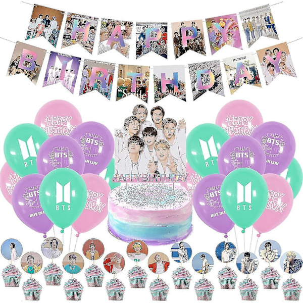 Bts Fødselsdagsfest Dekorationer, Kpop Fødselsdagsartikler Til Bangtan Boys Fans Inkluderer Bts Tillykke Med Fødselsdagen Banner Kage Toppers Balloner
